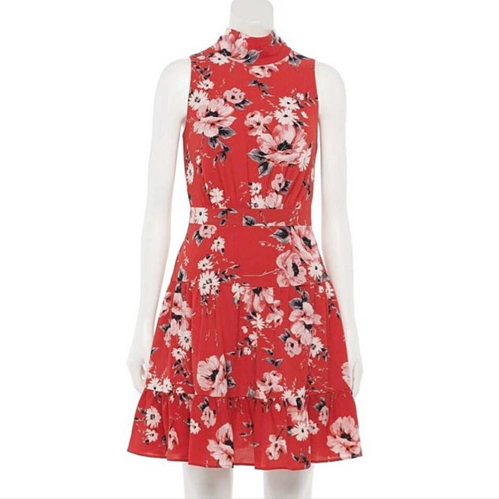 Elle Floral Sleeveless Tie-Neck Red Mini Dress With Back Cutout